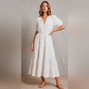 Betsey Johnson Rainbow Confetti Eyelet Tiered Midi Dress White Scalloped L